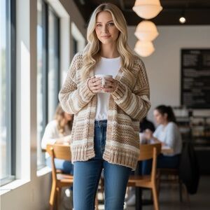 American Eagle Outfitters Tan and Cream Striped Cardigan oversize medium